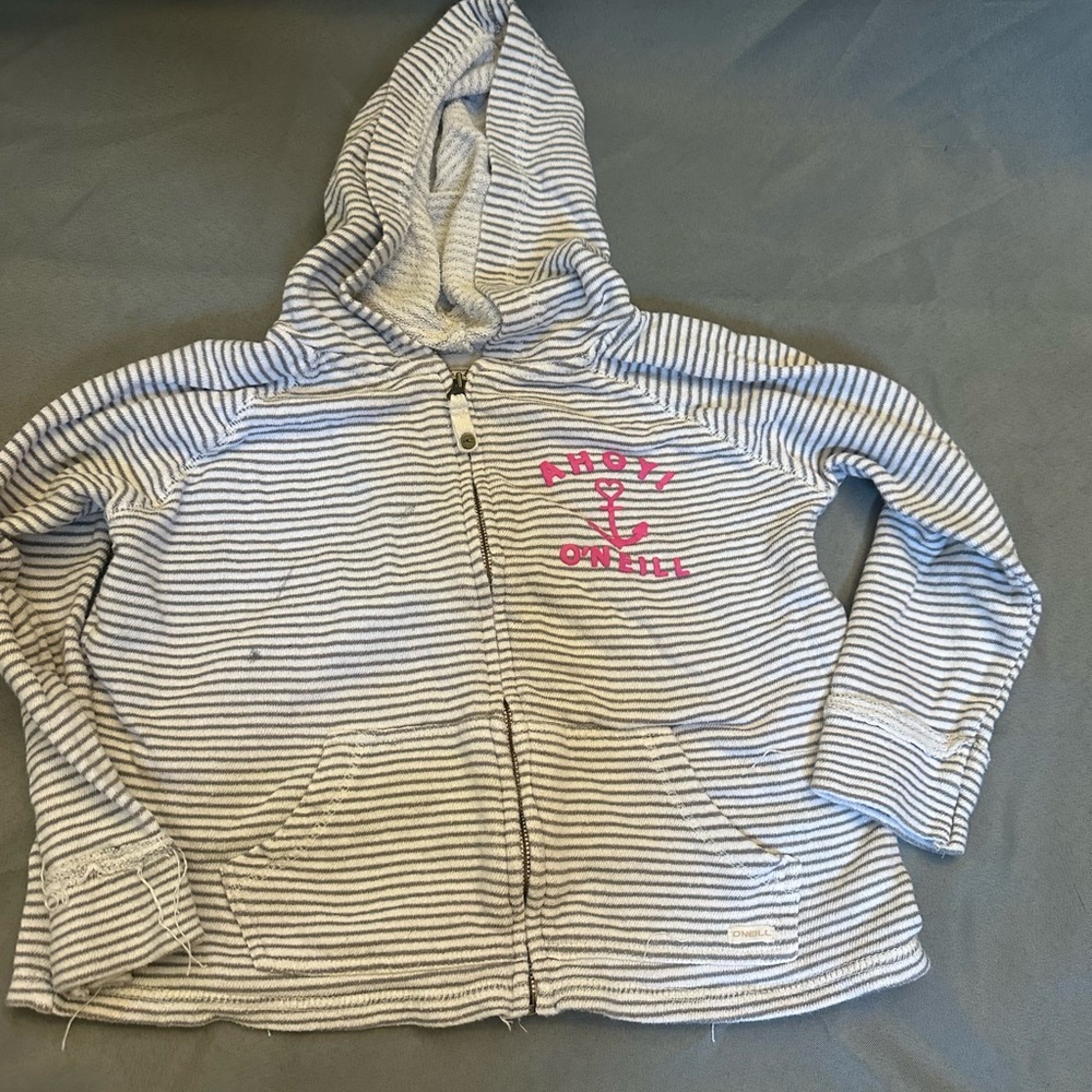 O'Neill Gray and Pink Striped Hoodie Sweatshirt